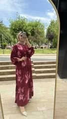 Bordo çiçek desenli viskon elbise