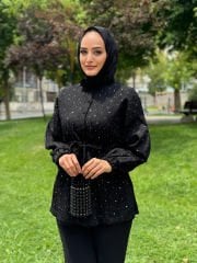 Tül ve taş detaylı takım siyah